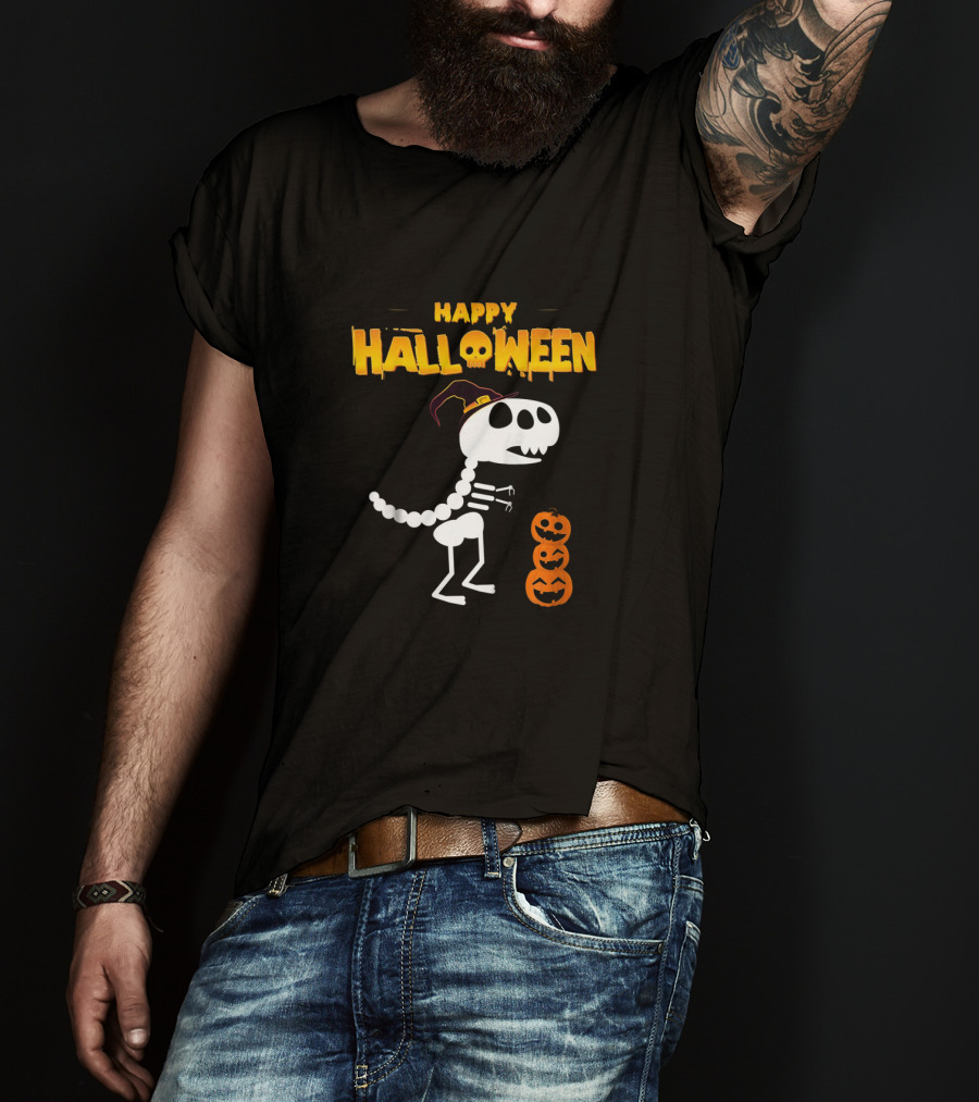 Happy Halloween Skeleton Dinosaur With Pumpkin Stack T-Shirt