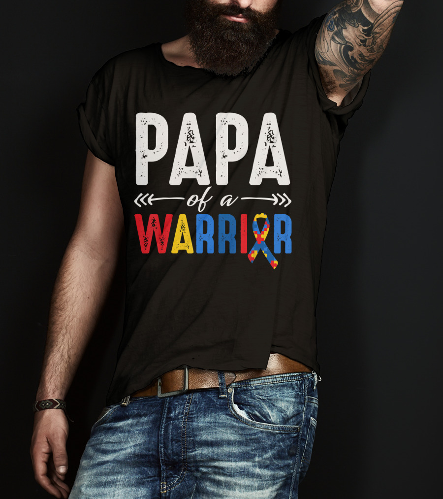 Papa Of A Warrior Autism Awareness Grandpa Colorful Puzzle T-Shirt