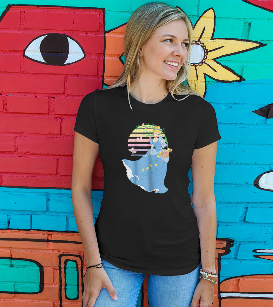 Cinderella Blue Dress Butterfly And Flower Stripe T-Shirt