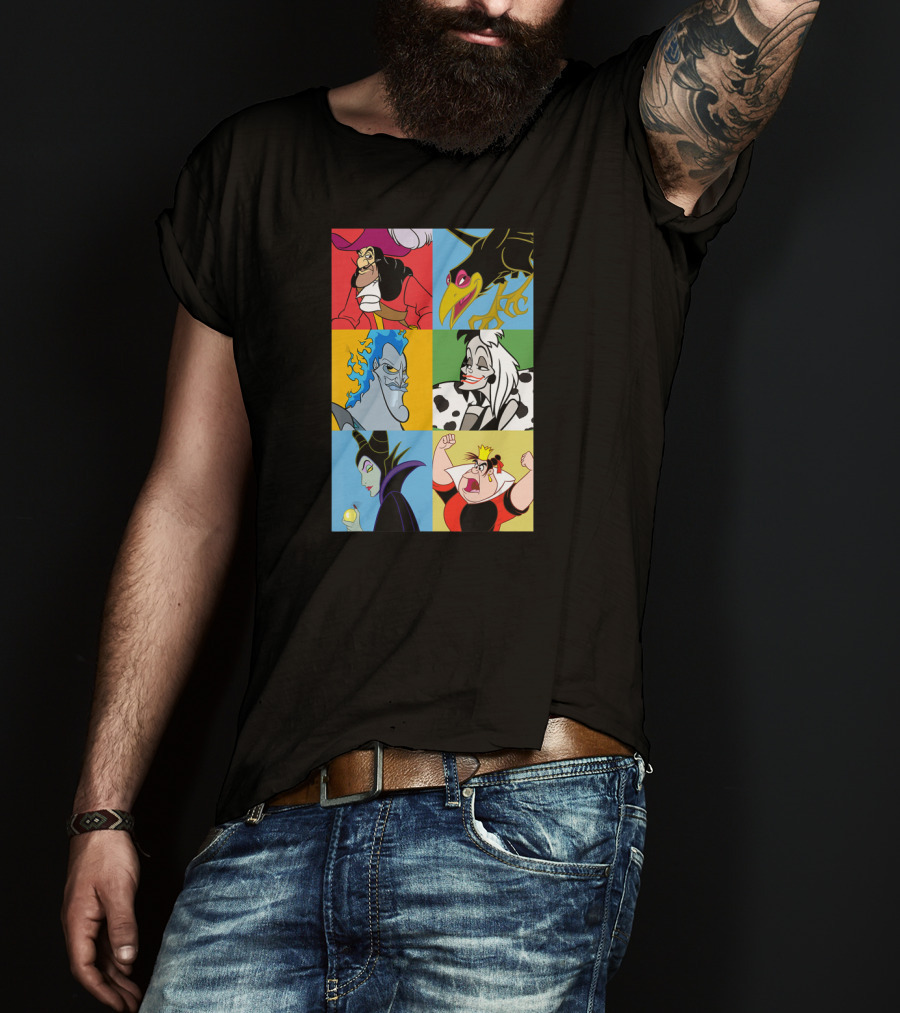 Disney Villains Captain Hook Cruella De Vil Maleficent Hades Queen Of Hearts Diablo Crow T-Shirt