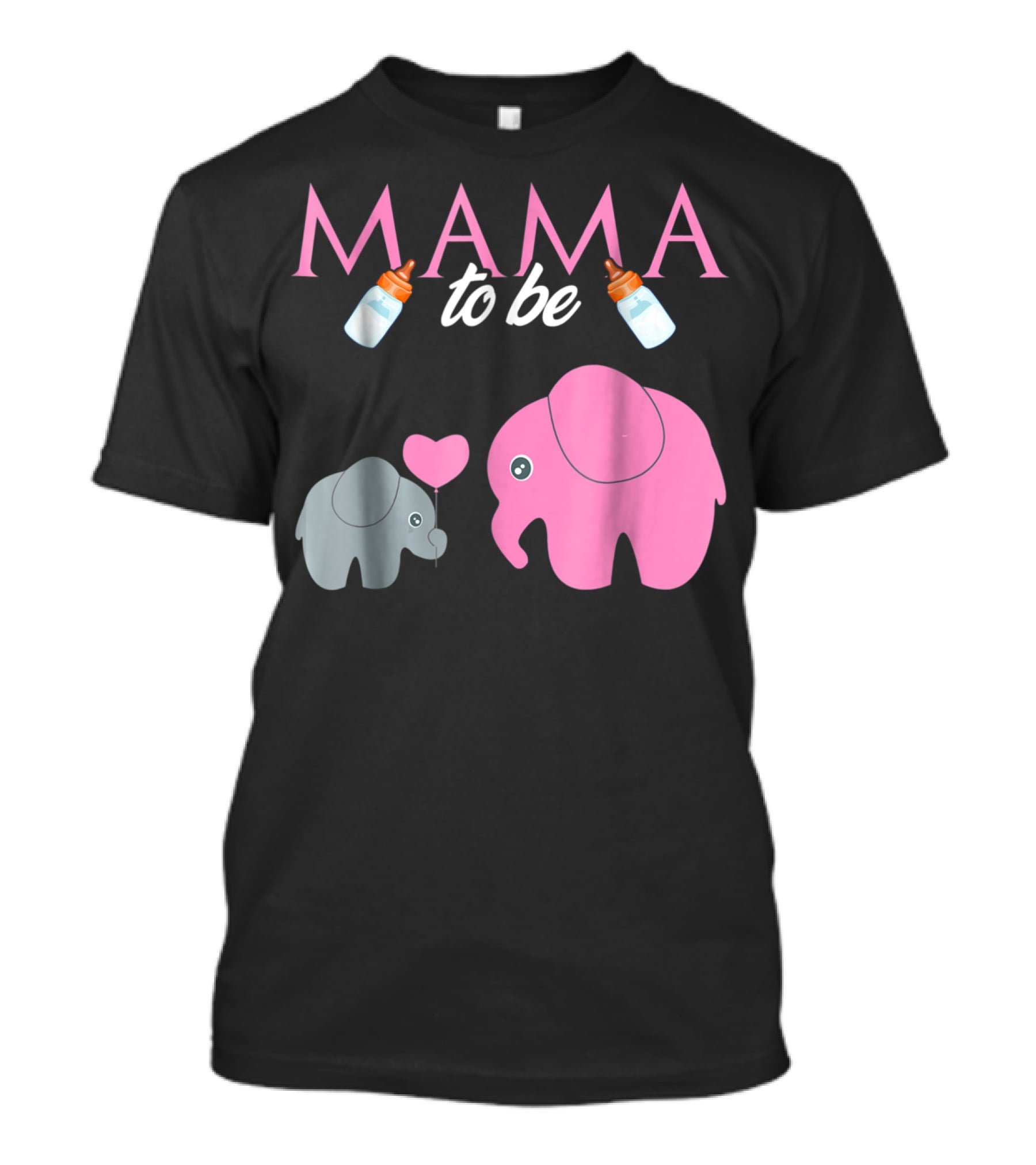 Mama To Be Pink Elephant Baby Shower With Milk Bottles And Heart Balloon T-Shirt