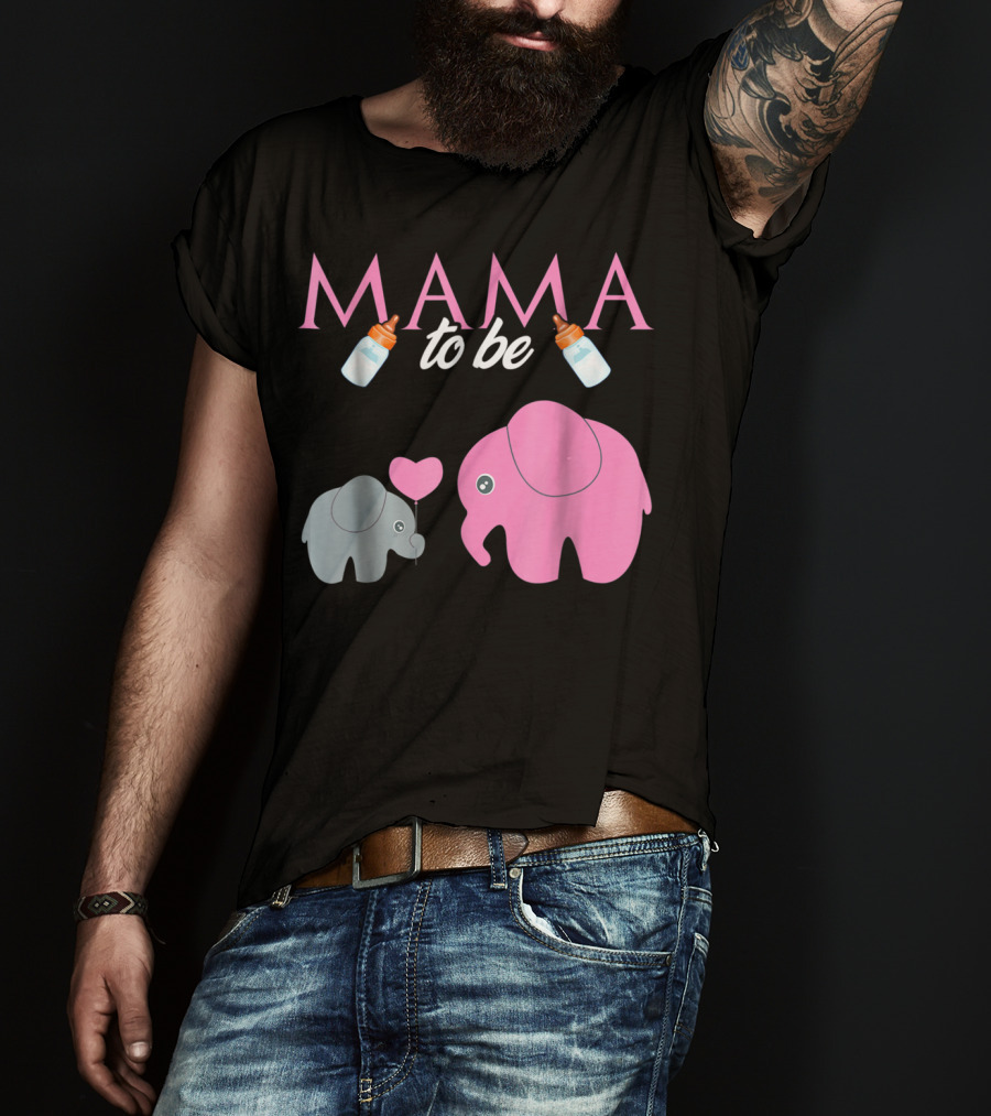 Mama To Be Pink Elephant Baby Shower With Milk Bottles And Heart Balloon T-Shirt