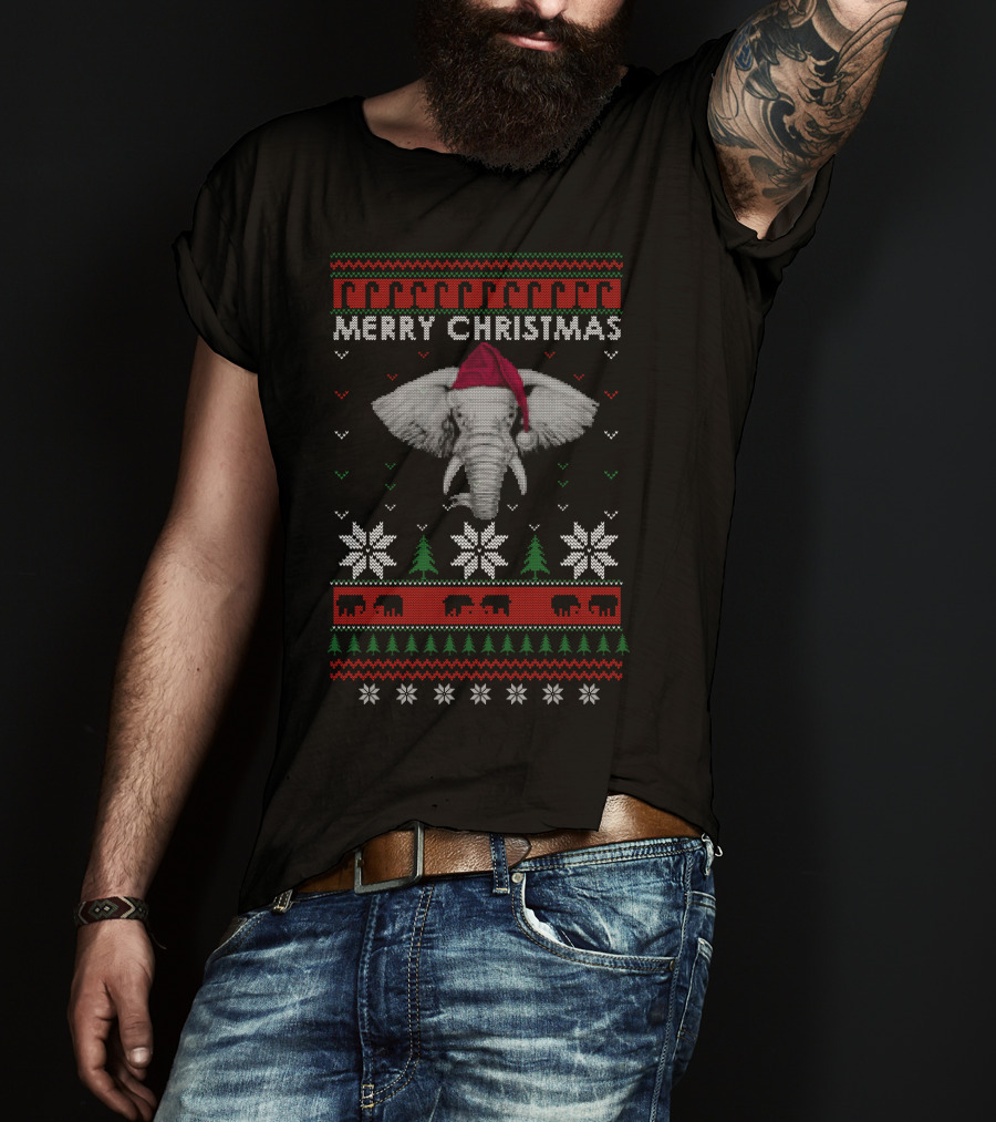 Merry Christmas Elephants Santa Hat Ugly T-Shirt