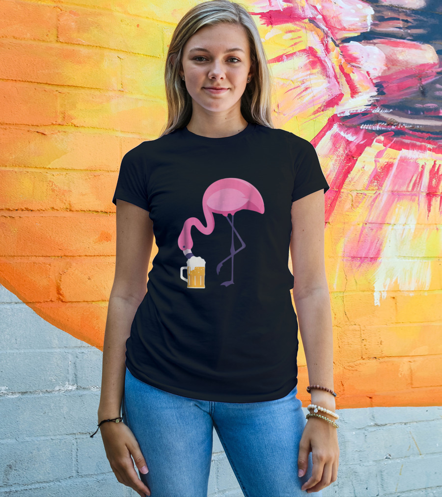 Flamingo Drinking Beer Concept With Pink Bird And Pint Glass T-Shirt