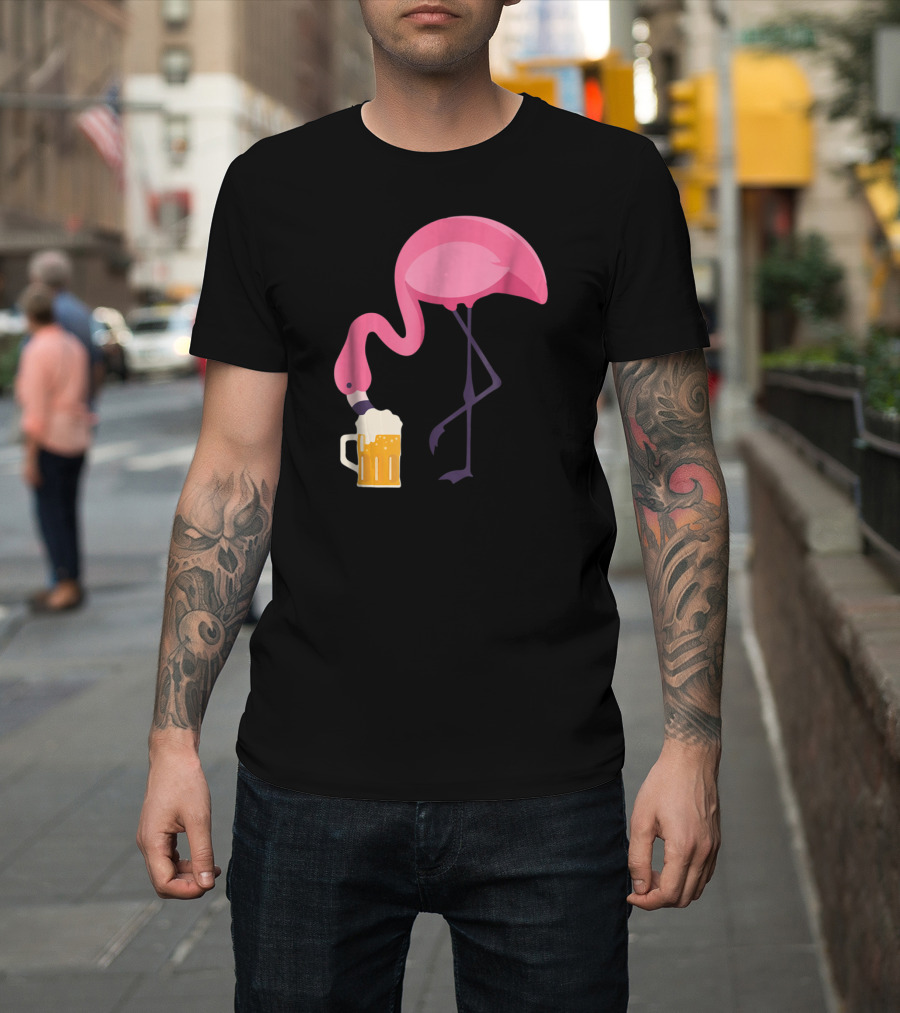 Flamingo Drinking Beer Concept With Pink Bird And Pint Glass T-Shirt