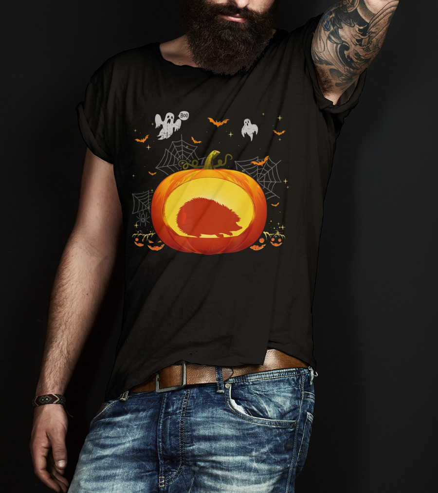 Hedgehog Silhouette In Halloween Pumpkin With Ghosts And Spiderwebs T-Shirt