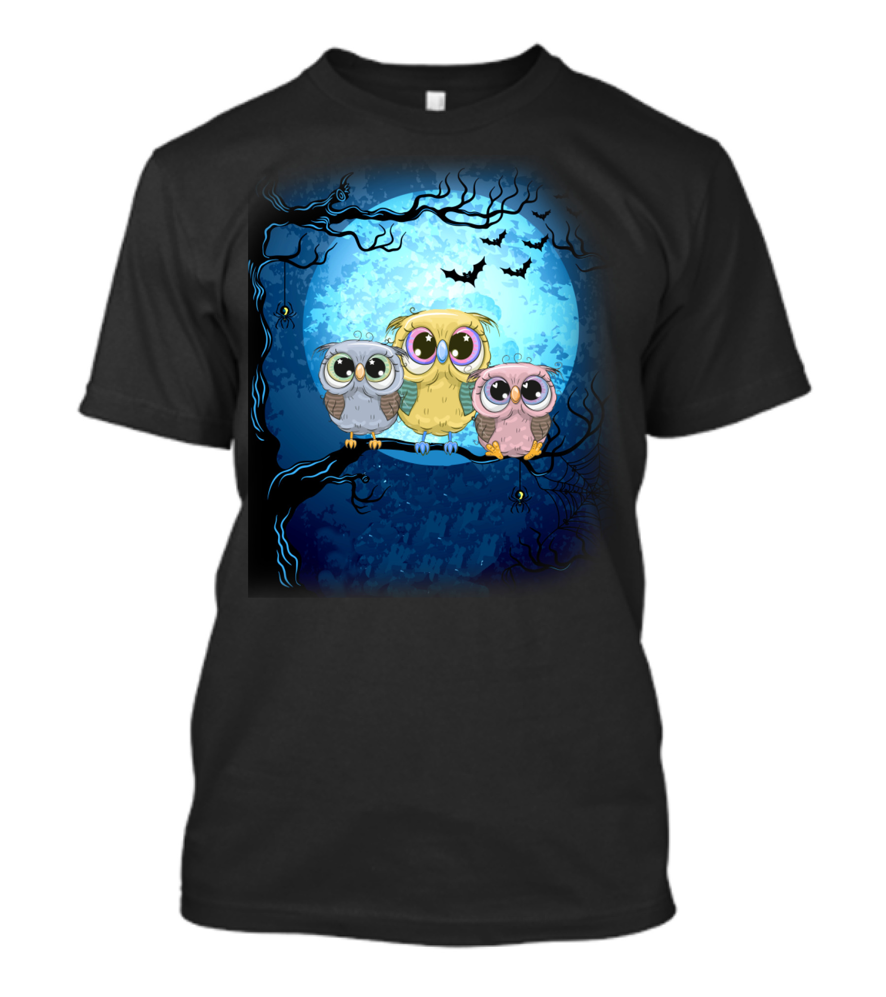Night Family Owls Under Full Moon With Bats And Spiders T-Shirt