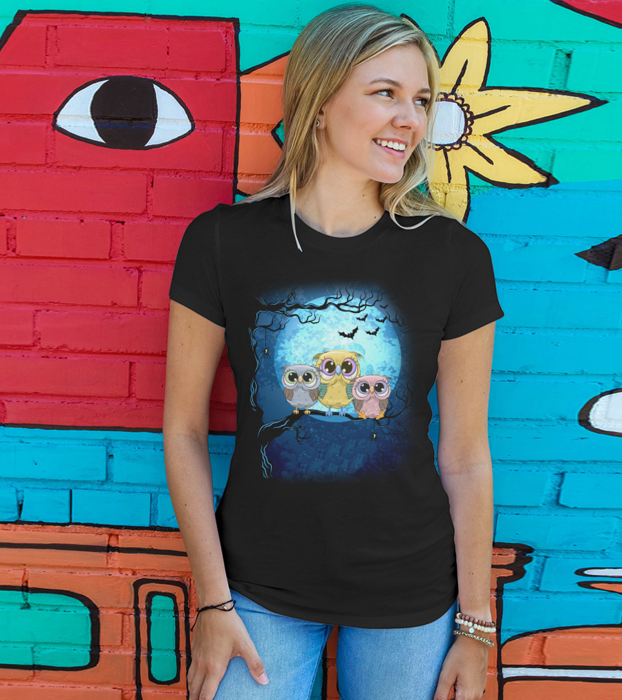 Night Family Owls Under Full Moon With Bats And Spiders T-Shirt
