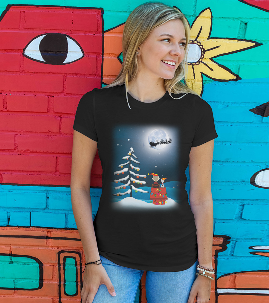 Noel Night Snoopy Peanuts Movie Christmas Scene Santa Sleigh Winter Tree With Lights T-Shirt