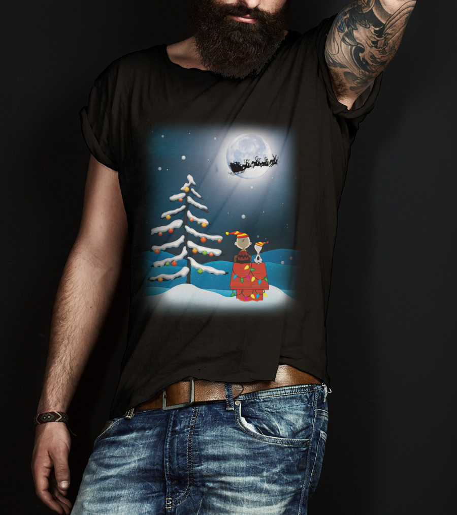 Noel Night Snoopy Peanuts Movie Christmas Scene Santa Sleigh Winter Tree With Lights T-Shirt