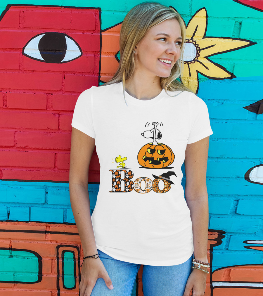 Pumpkin Boo Halloween Snoopy Woodstock The Peanuts Movie T-Shirt