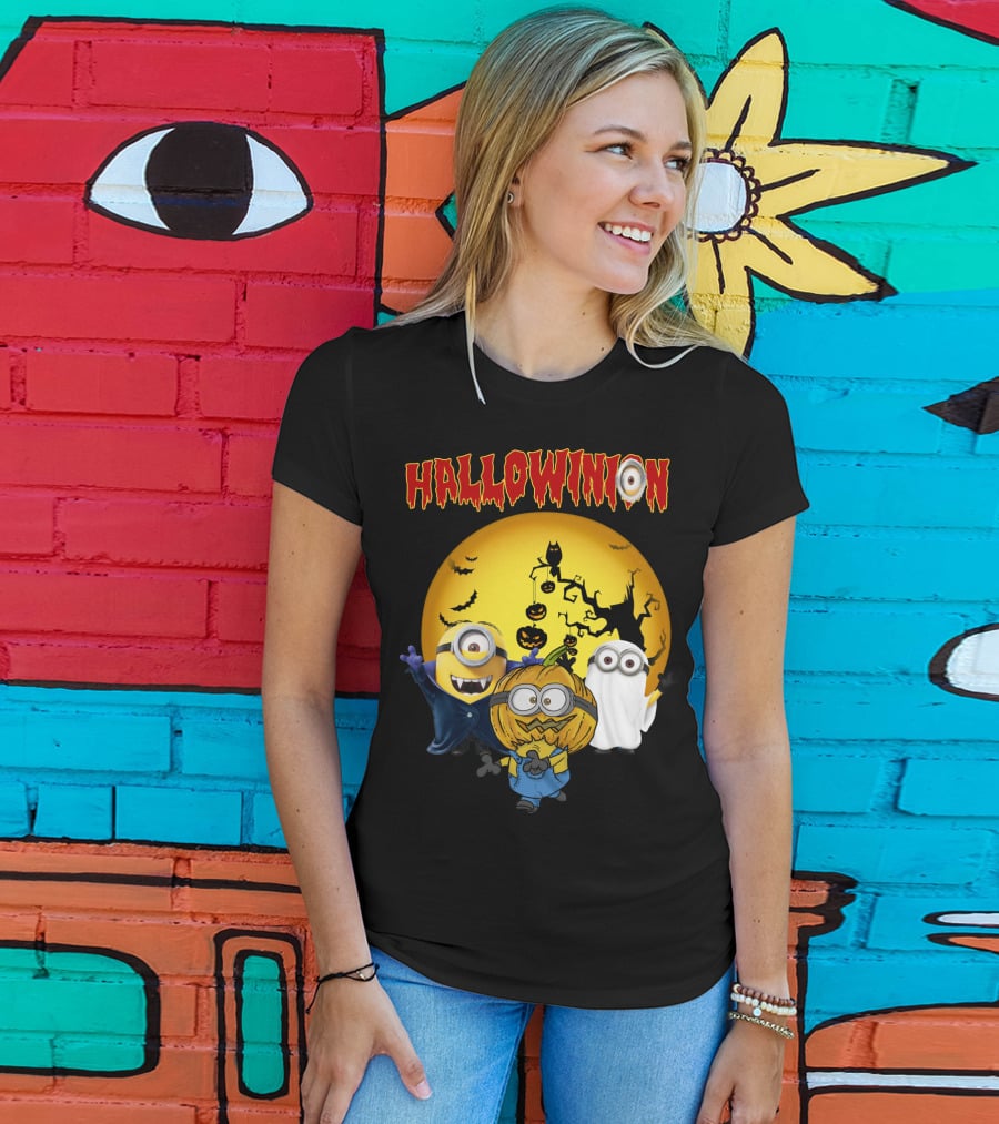 Hallowinion Halloween Minions Despicable Me Moon Bats Pumpkins Ghost Costume T-Shirt