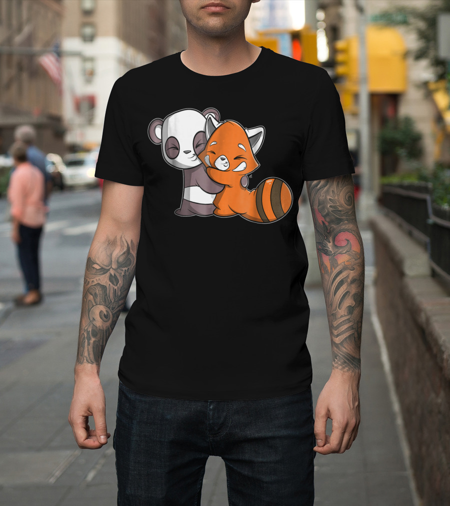 Cute Kawaii Panda Embrace Red Panda Hugging Adorable Friends T-Shirt