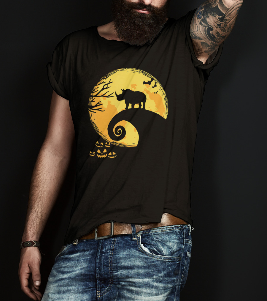 Funny Rhino And Moon Halloween Parody With Jack-O'-Lanterns And Bat T-Shirt