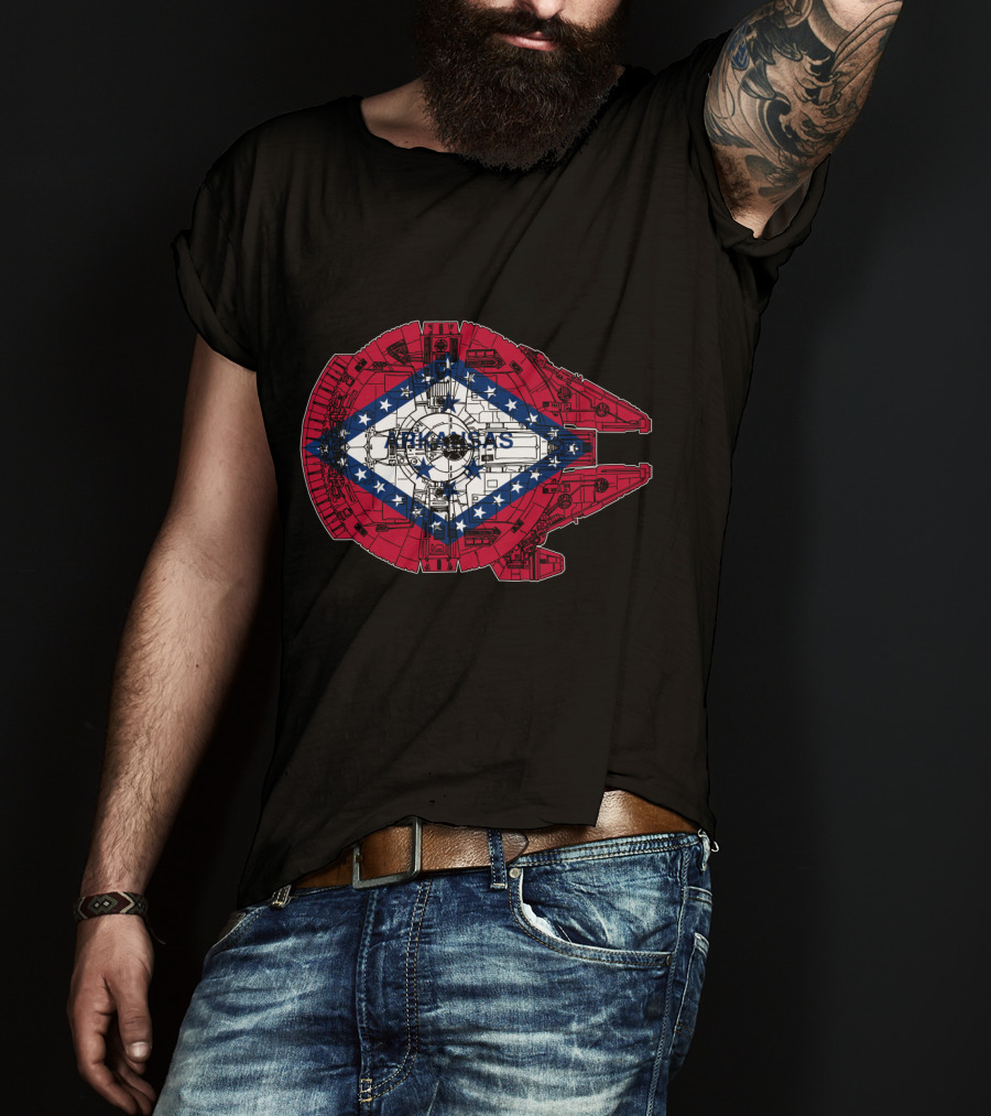 Arkansas Flag Overlaid On Millennium Falcon T-Shirt