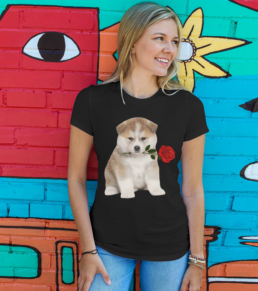 Akita Puppy Holding Red Rose T-Shirt