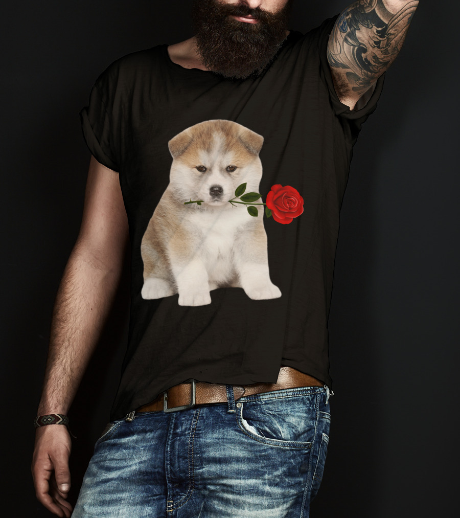 Akita Puppy Holding Red Rose T-Shirt
