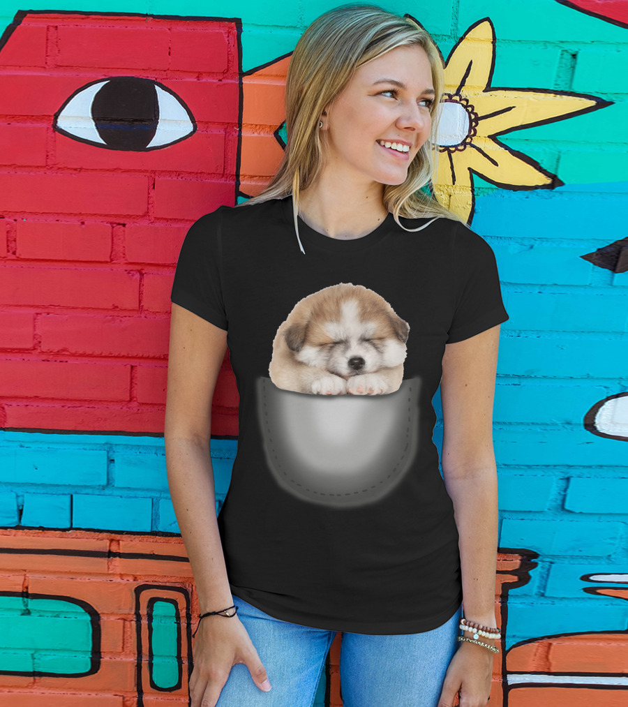 Sleeping Akita Puppy In Pocket T-Shirt