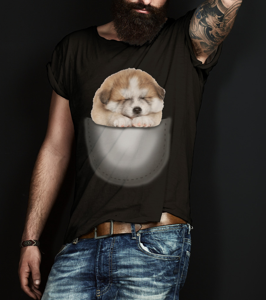 Sleeping Akita Puppy In Pocket T-Shirt