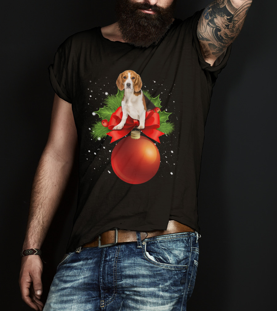 Beagle Red Christmas Ornament With Holly And Snowflakes T-Shirt