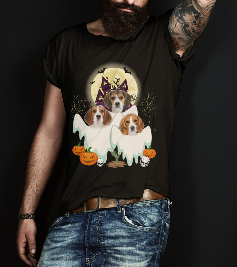 Beagle Halloween Ghosts Haunted House Pumpkins Bats Moon T-Shirt