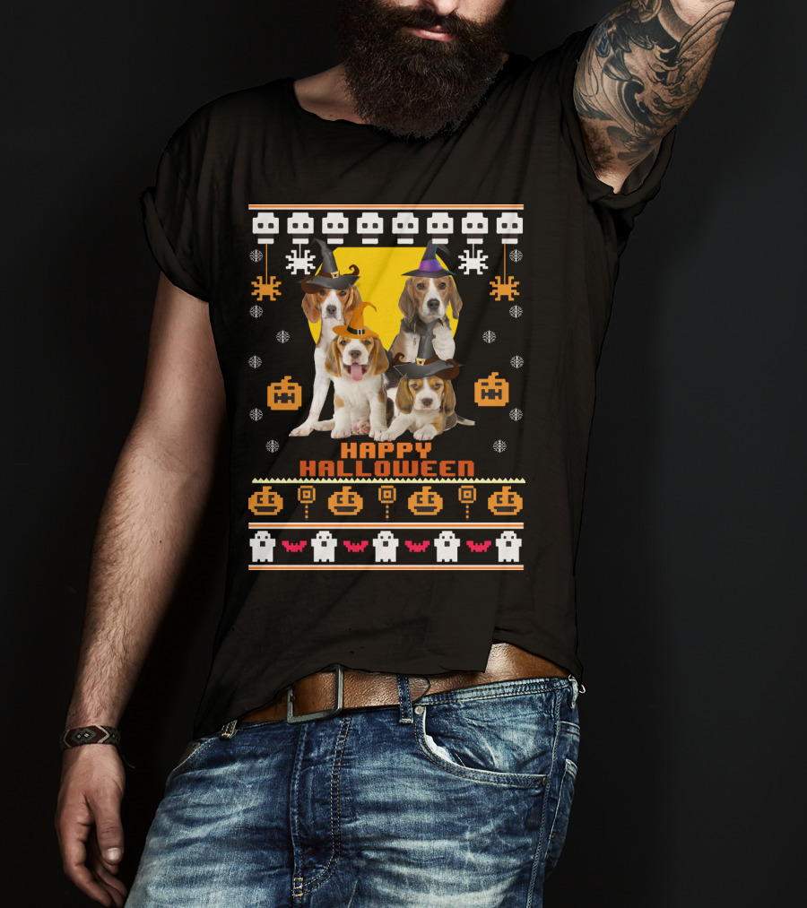 Beagle Happy Halloween Witch Hats And Pixelated Ghosts T-Shirt
