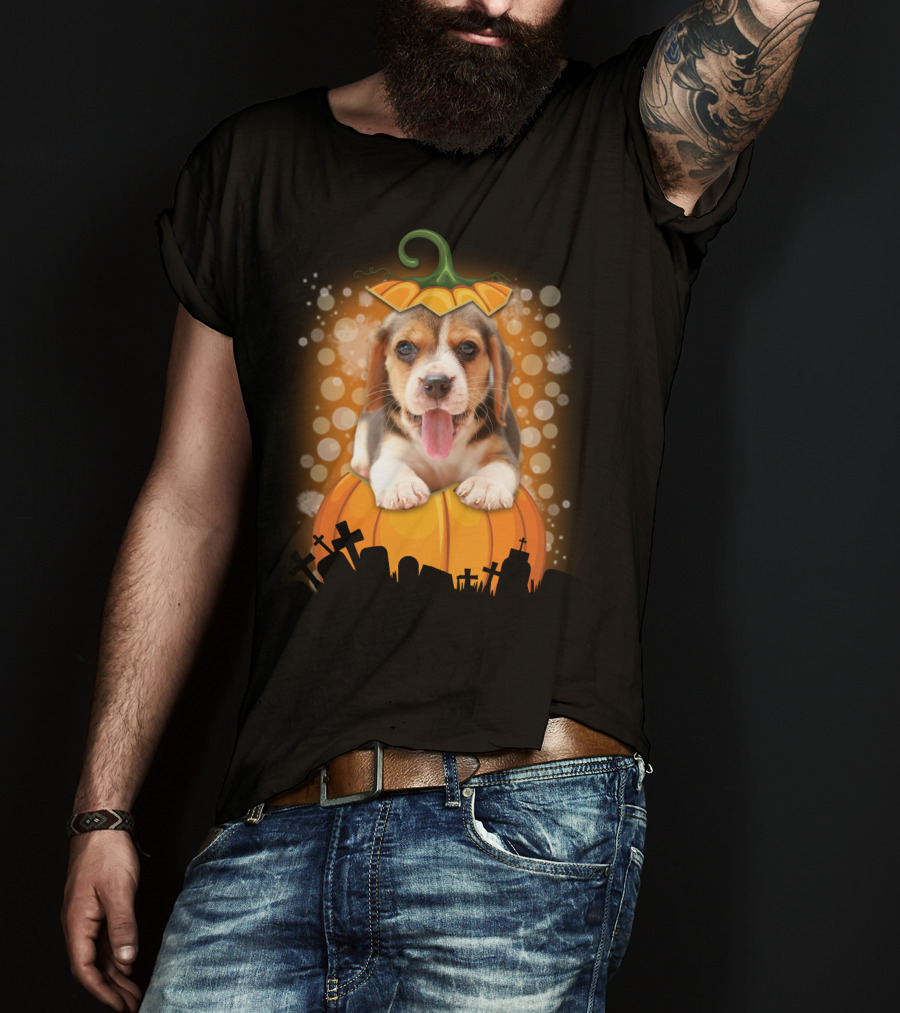 Beagle Puppy On Halloween Pumpkin Graveyard Scene T-Shirt