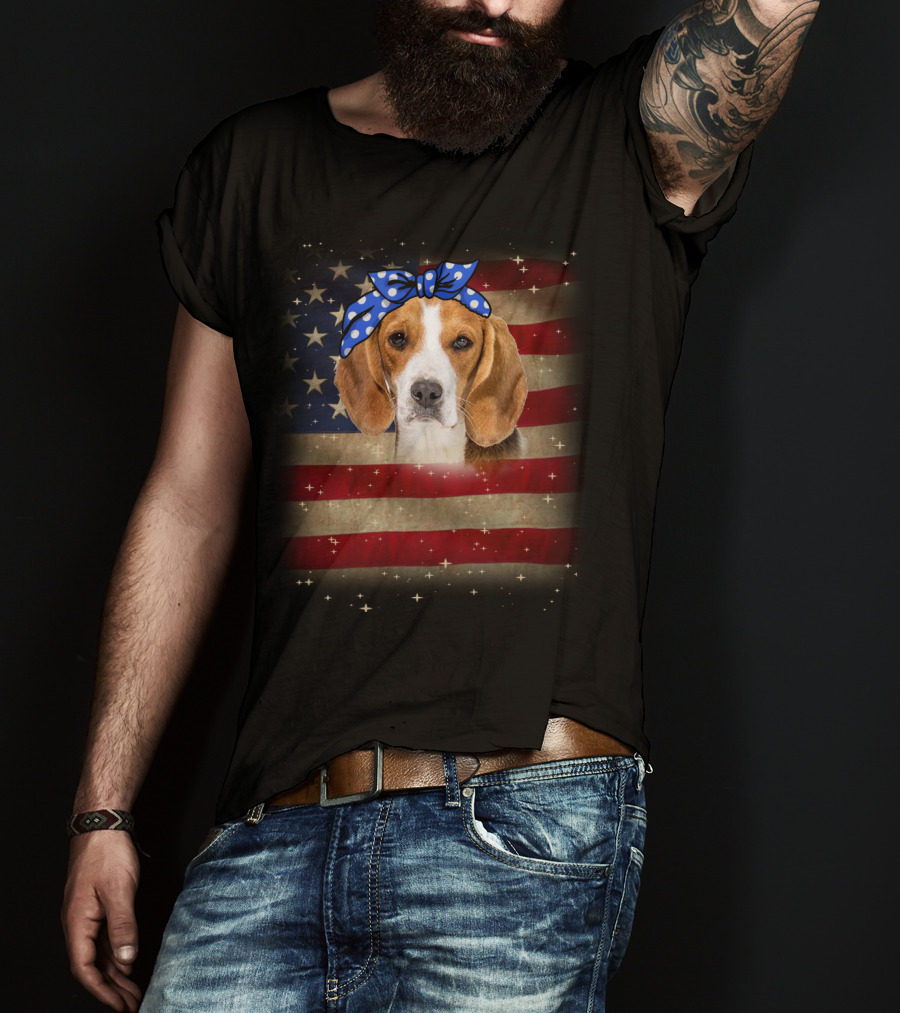 Beagle With Blue Polka Dot Bow On American Flag Background T-Shirt