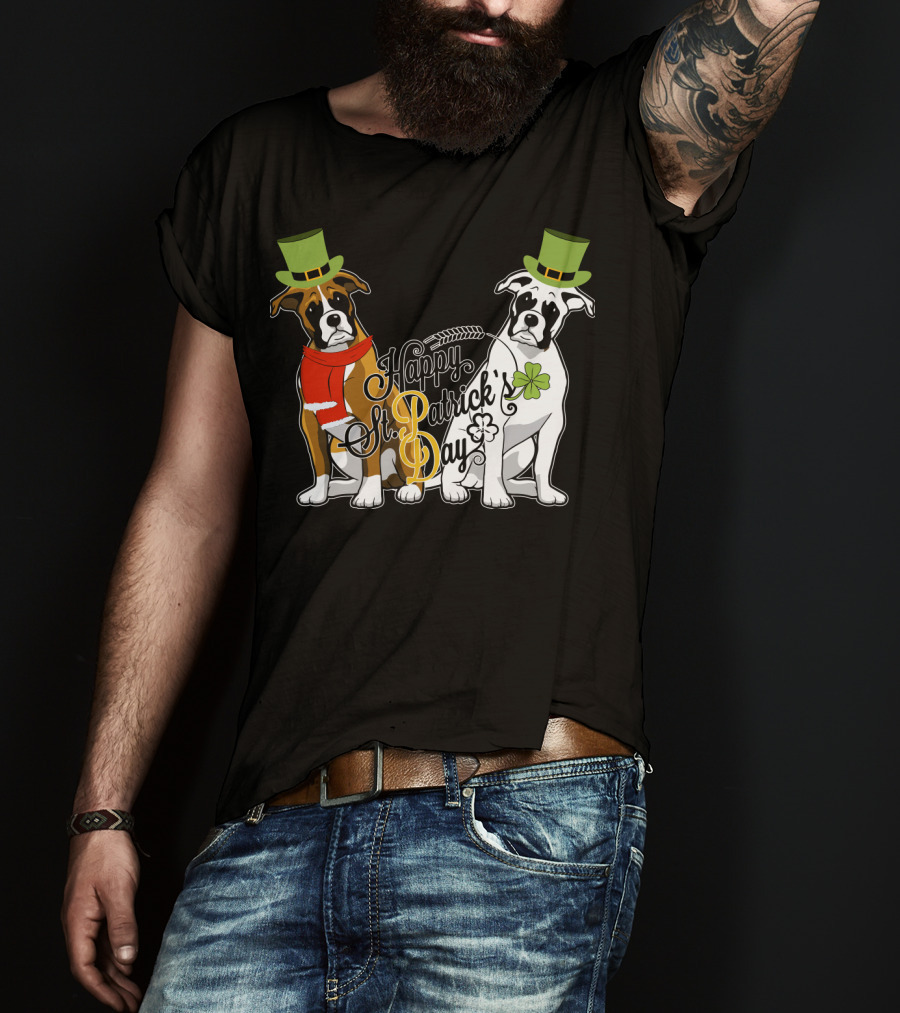 Happy St Patrick's Day Boxer Dogs With Shamrocks And Hats T-Shirt