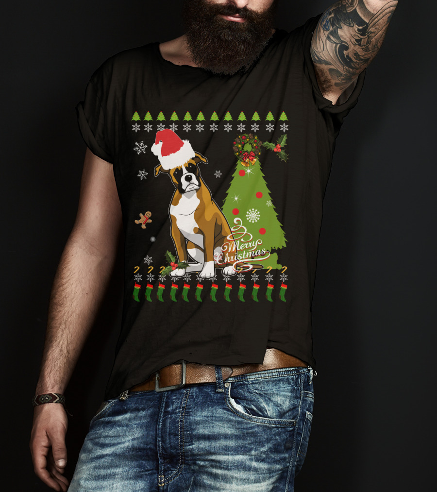 Merry Christmas Boxer Santa Hat Gingerbread Man Christmas Tree Snowflakes T-Shirt