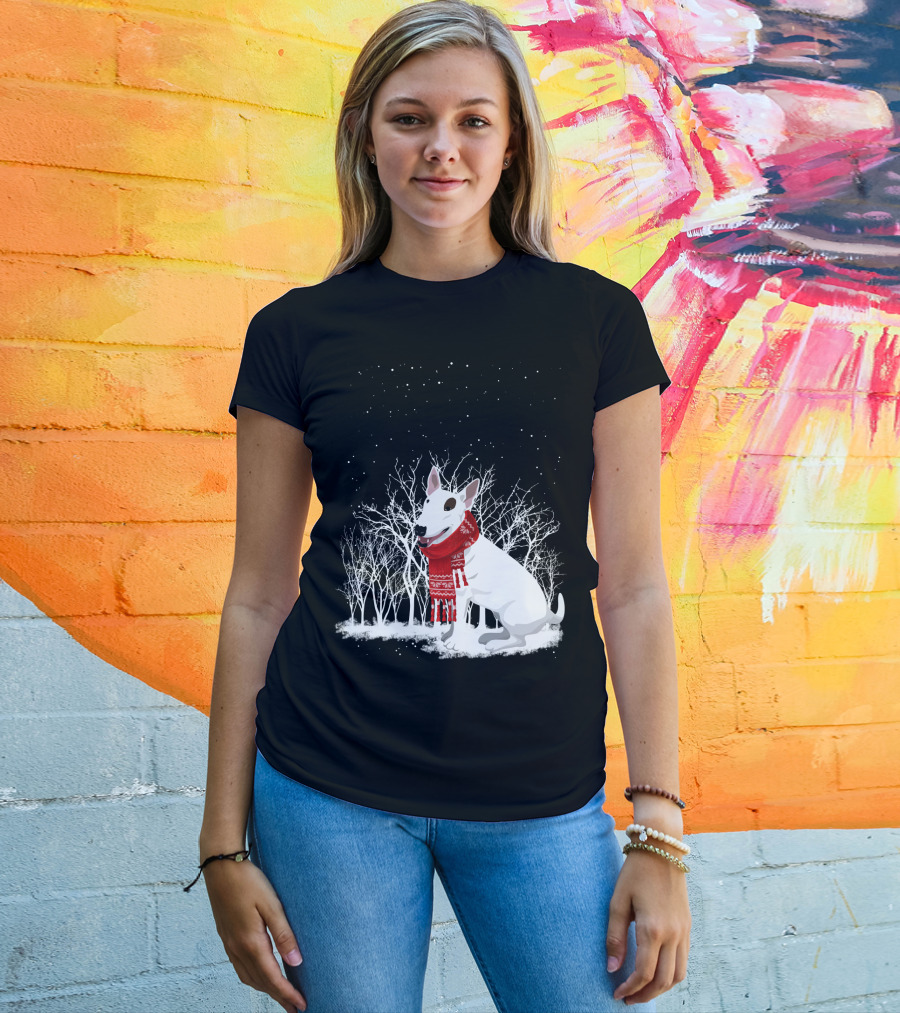 Winter Bullterrier Red Scarf Snowy Forest T-Shirt