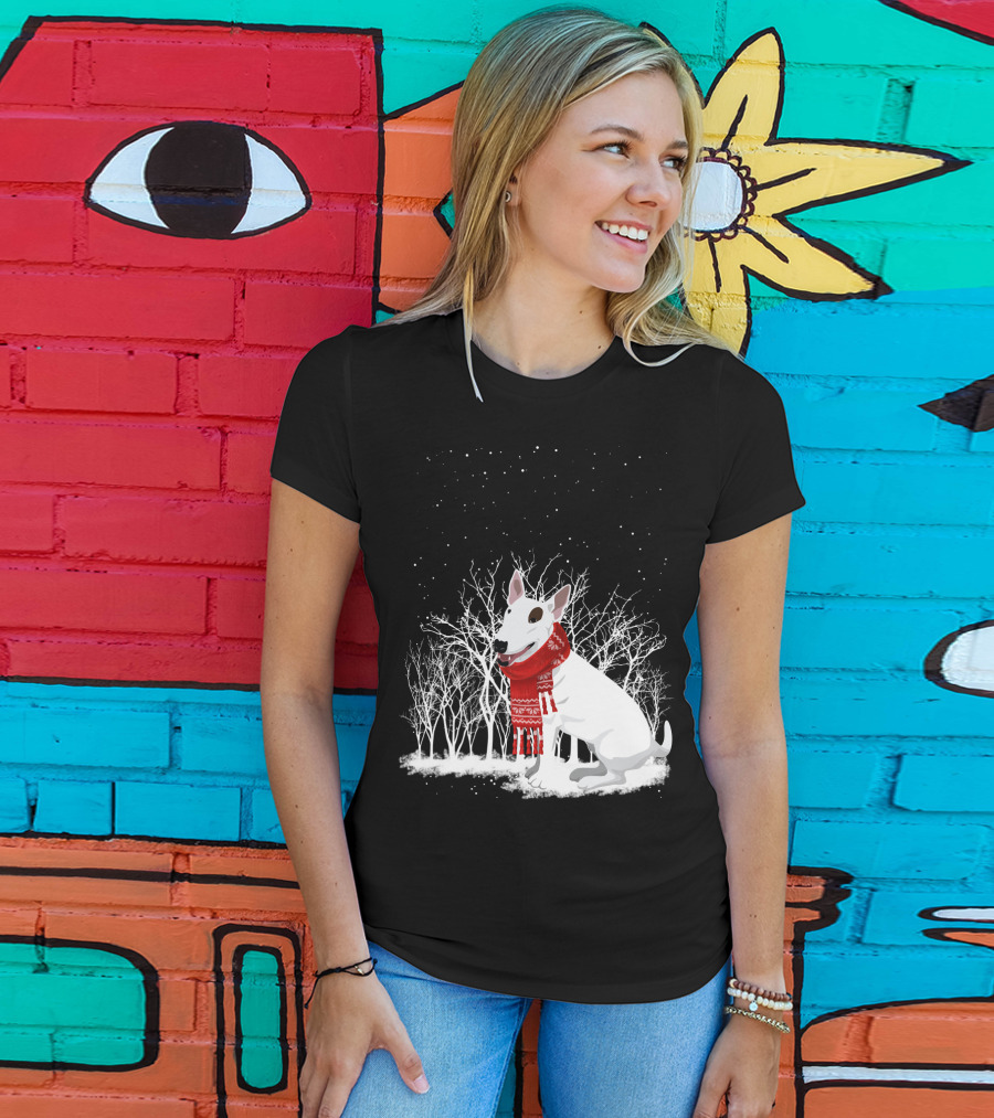Winter Bullterrier Red Scarf Snowy Forest T-Shirt
