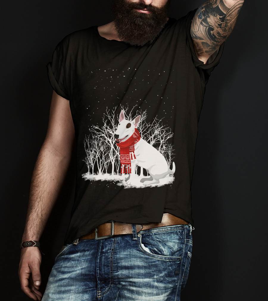 Winter Bullterrier Red Scarf Snowy Forest T-Shirt
