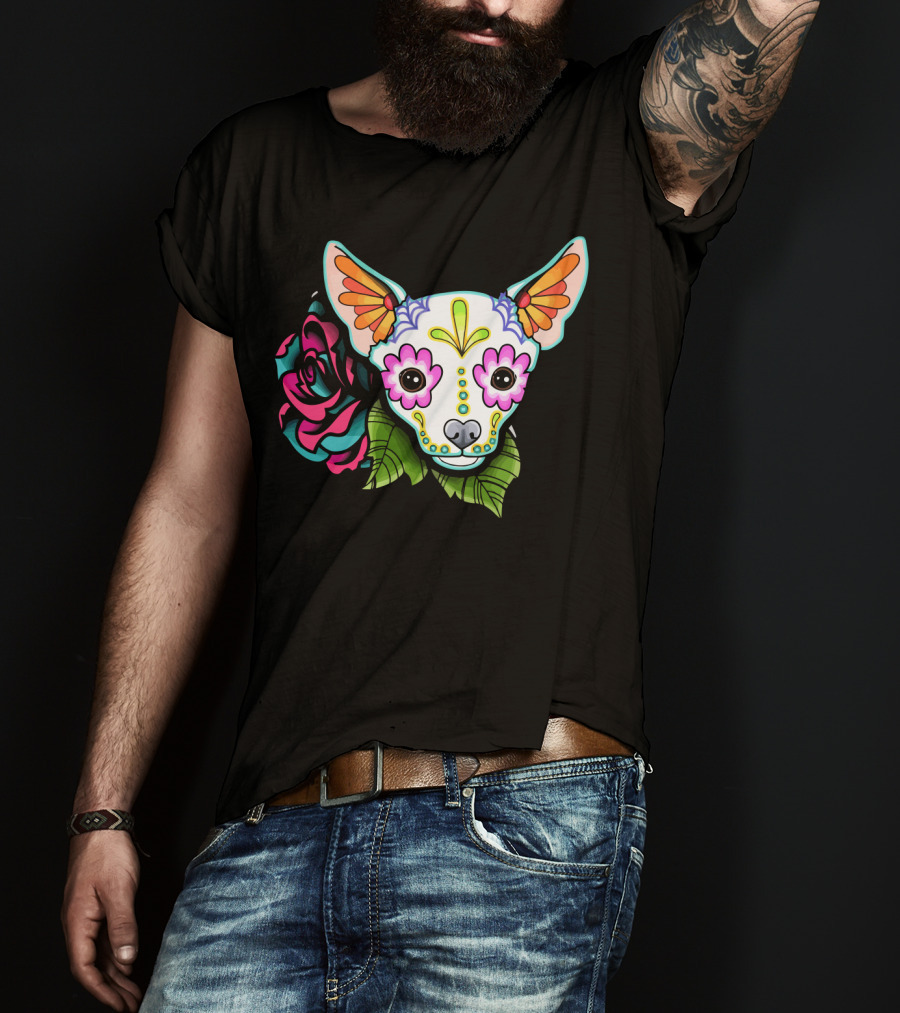 Dead Chihuahua Neon Sugar Skull Rose T-Shirt
