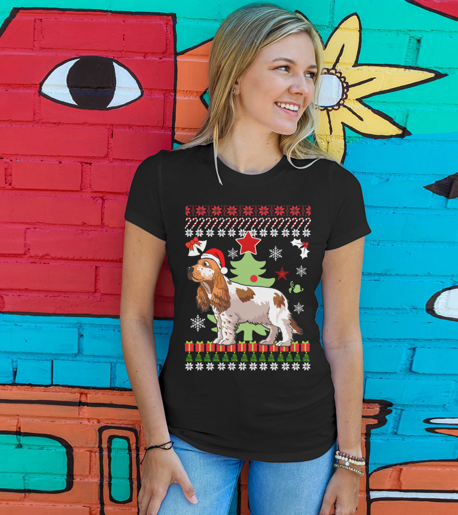Christmas Cocker Spaniel Santa Hat Snowflakes Christmas Tree T-Shirt
