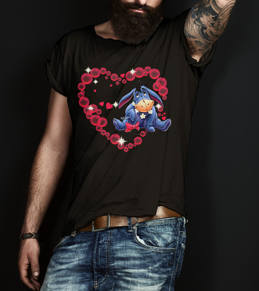 Eeyore Surrounded By Heart-Shaped Bubbles And Flowers T-Shirt