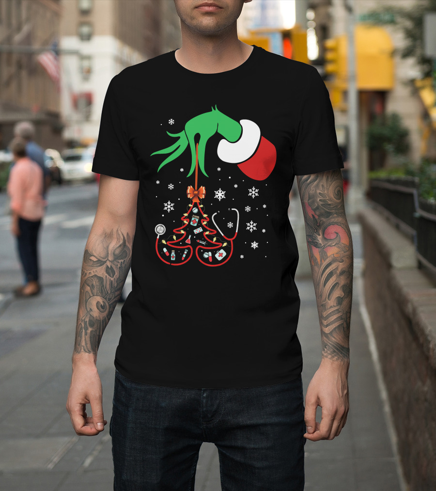 Grinch Hand Holding Nurse Themed Christmas Tree with Medical Icons T-Shirt