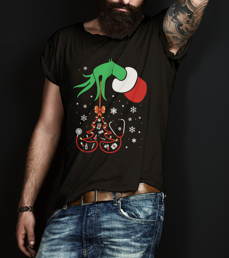 Grinch Hand Holding Nurse Themed Christmas Tree With Medical Icons T-Shirt