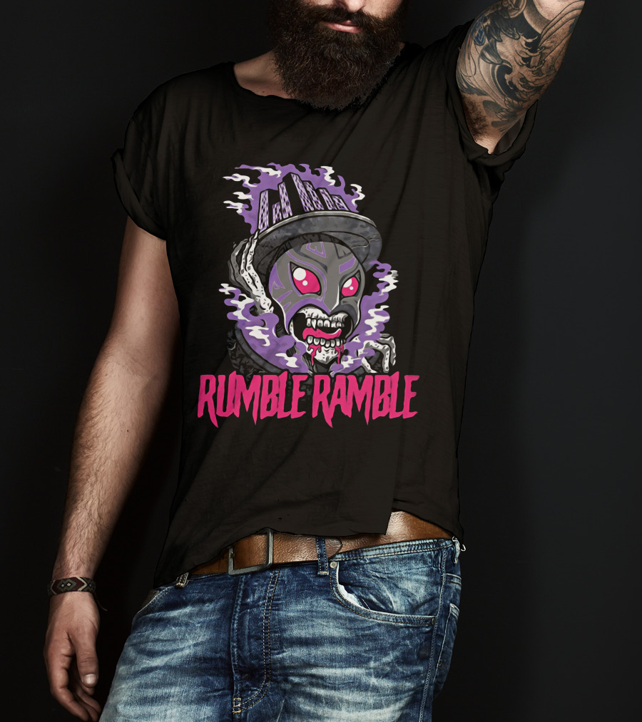 Rumble Ramble Monster In Urban Graffiti Mask With Purple Smoke And Cityscape Hat T-Shirt