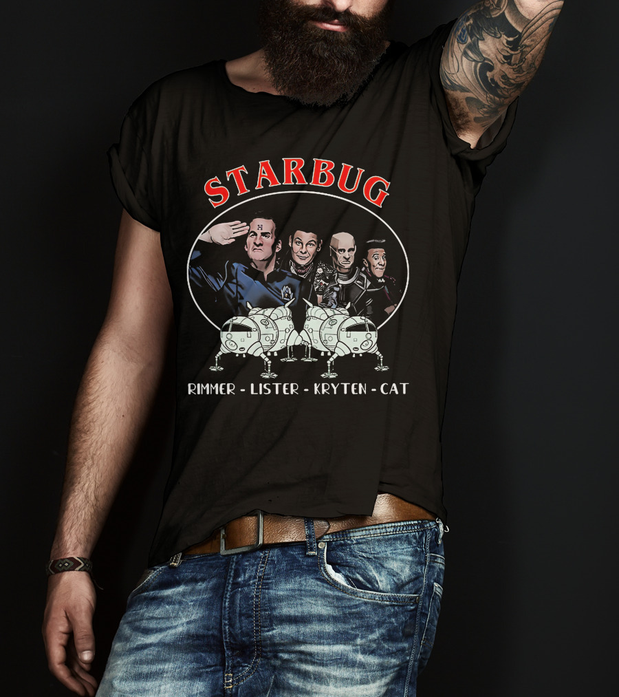 Starbug Rimmer Lister Kryten Cat Red Dwarf Crew With Spaceship T-Shirt