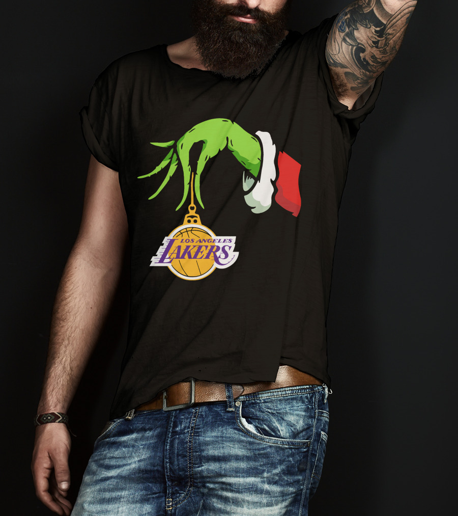 Grinch Hand With Santa Sleeve Holding Los Angeles Lakers T-Shirt