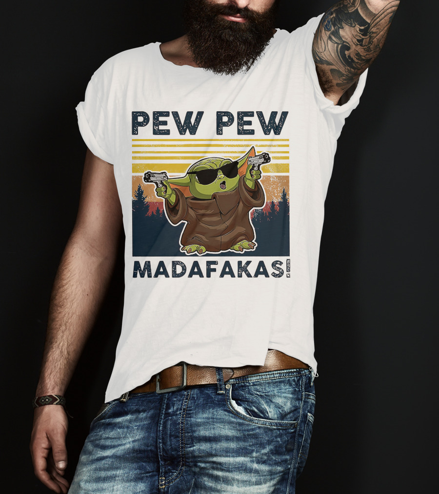 Pew Pew Madafakas Baby Yoda Retro Forest Sunset T-Shirt