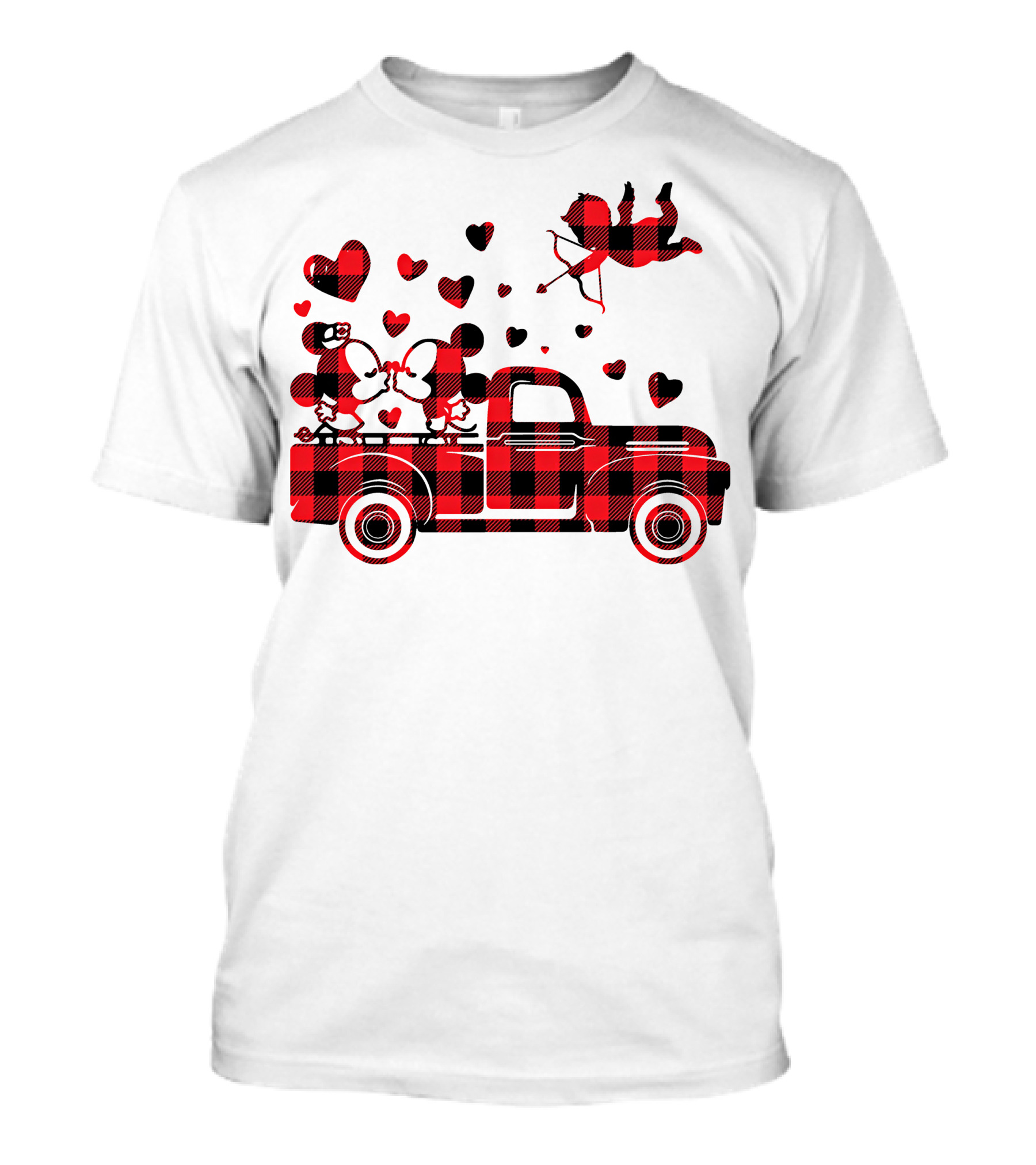 Buffalo Plaid Mickey Minnie Kissing In Truck With Hearts And Cupid Valentine T-Shirt