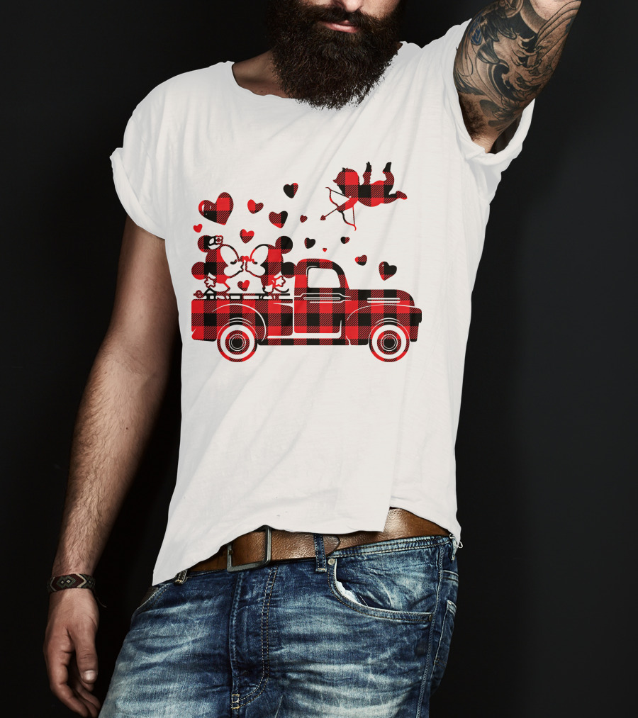 Buffalo Plaid Mickey Minnie Kissing In Truck With Hearts And Cupid Valentine T-Shirt