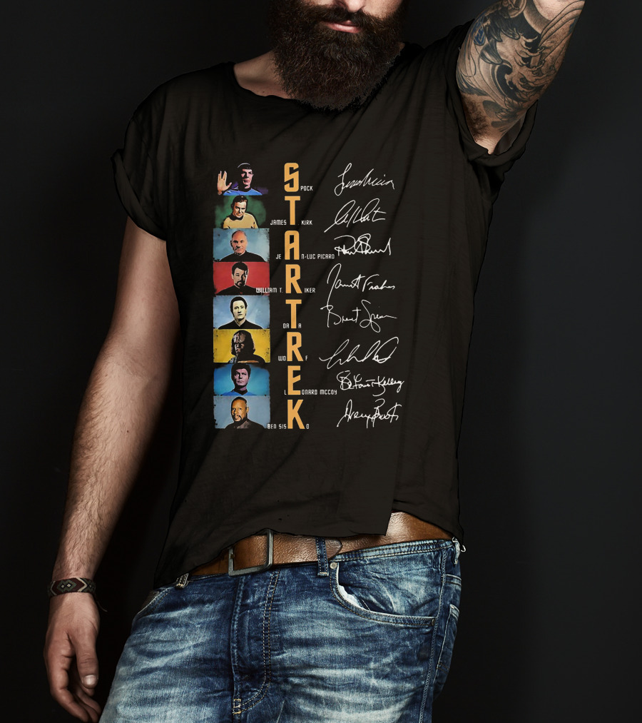 Star Trek Spock James Kirk Picard William T Riker Worf Leonard McCoy Ben Sisko Signatures T-Shirt