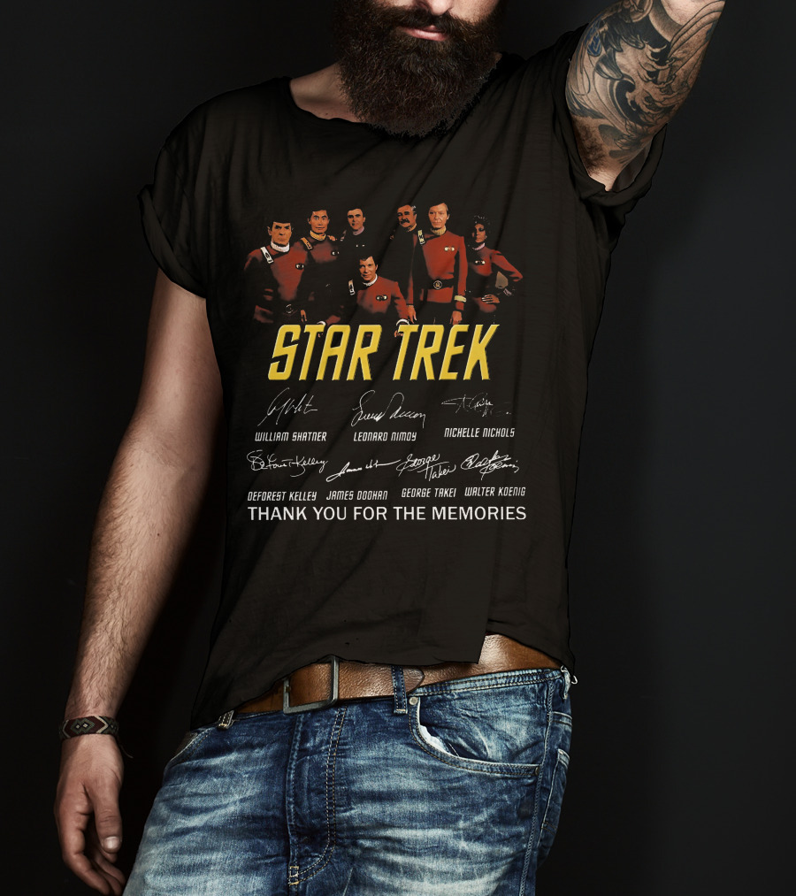 Star Trek Thank You For The Memories William Shatner Leonard Nimoy Nichelle Nichols DeForest Kelley James Doohan George Takei Walter Koenig Signature T-Shirt