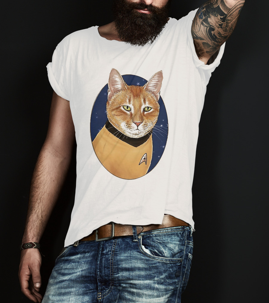 Star Trek Cat In Captain Uniform With Emblem On Starry Background T-Shirt