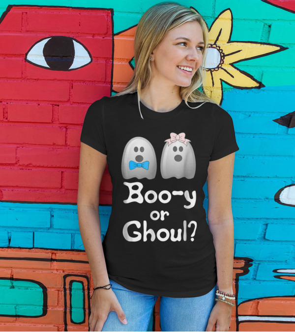 Boo-y Or Ghoul? Ghosts With Blue And Pink Bows Halloween Gender Reveal T-Shirt