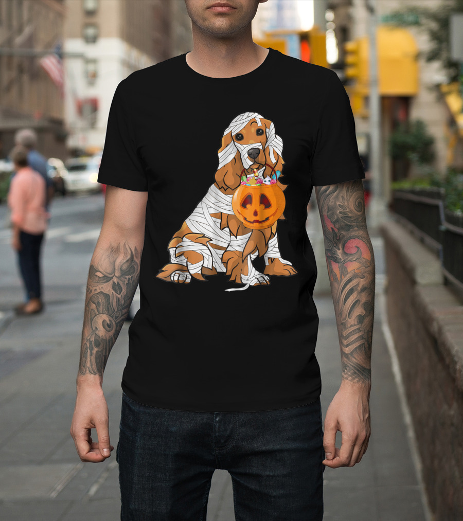 Cocker Spaniel Wrapped as Mummy with Halloween Pumpkin Basket T-Shirt
