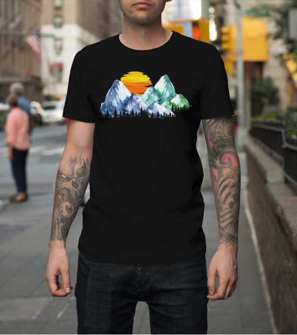 Shirt: Colorful Watercolor Mountains with Sunset and Forest Scene T-Shirt Colorful Watercolor Mountains with Sunset and Forest Scene T-Shirt